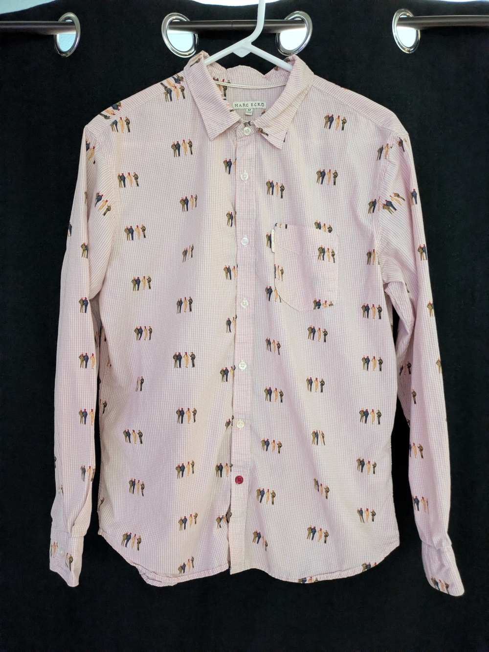 Marc Ecko Mens Medium Pink Stripe Button Up Shirt People Print Long Sleeve